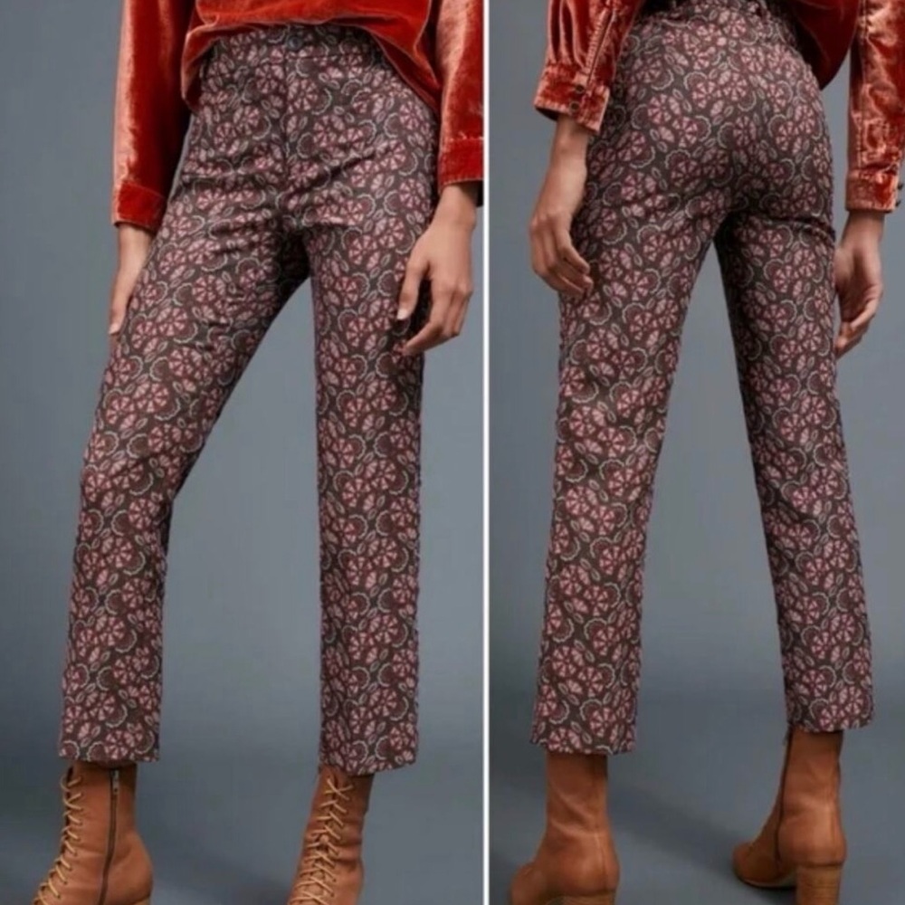 Anthropologie The Essential Slim Floral Jacquard Ankle Length Pant 10 Brown